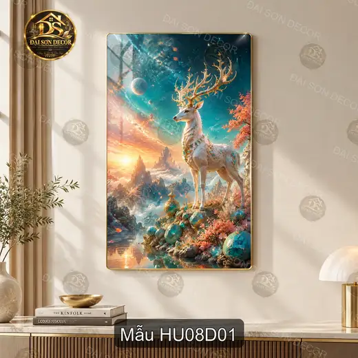 Tranh tráng gương Hươu 008 treo dọc phong cảnh nghệ thuật decor phòng khách sang trọng