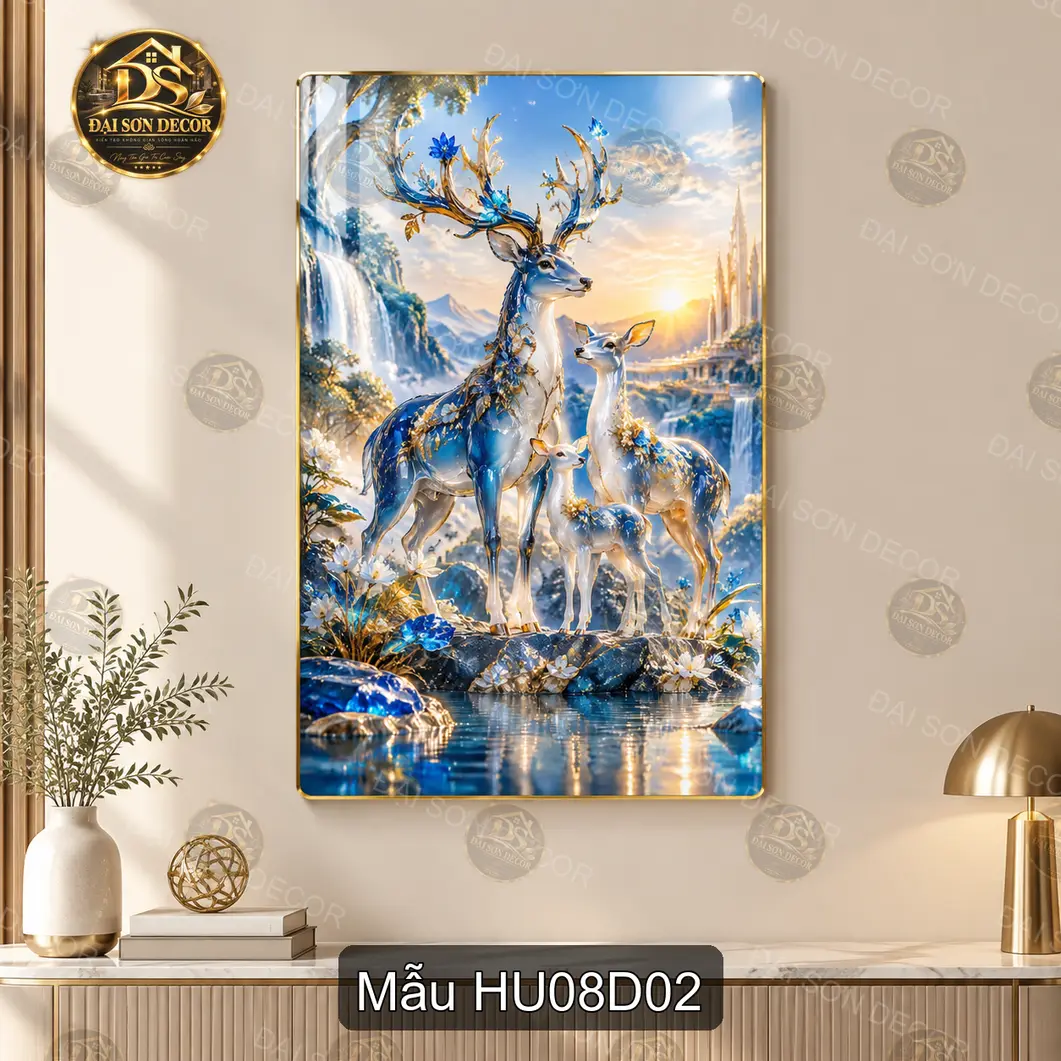 Tranh tráng gương Hươu 008 treo dọc phong cảnh nghệ thuật decor phòng khách sang trọng