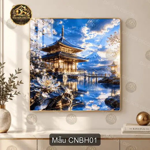 Tranh tráng gương Chùa Nhật bên hồ phong cảnh núi Phú Sĩ decor phòng khách