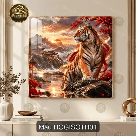 Tranh tráng gương vuông hổ giữa sơn thủy trang trí phòng khách