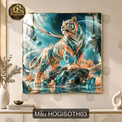 Tranh tráng gương vuông hổ giữa sơn thủy trang trí phòng khách