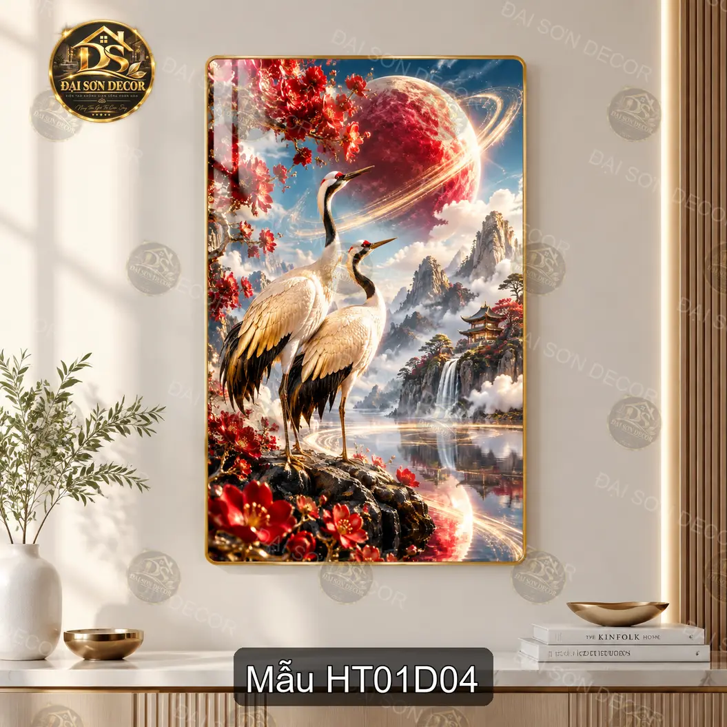 Tranh tráng gương hạc tiên 001 treo tường trang trí phòng khách phong cách hiện đại