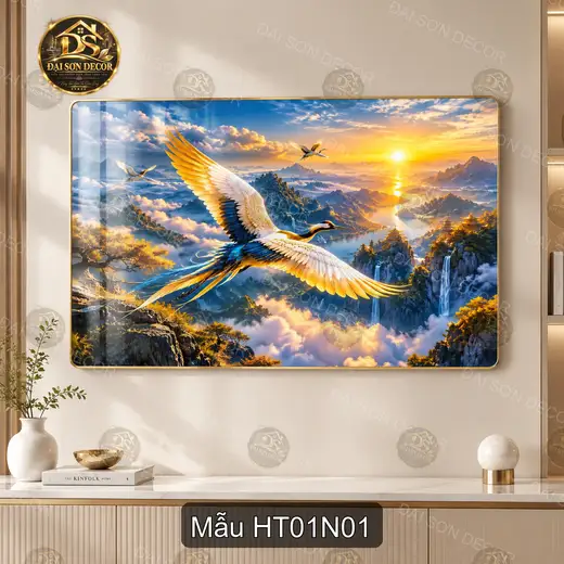 Tranh tráng gương Hạc tiên 001 núi non bình minh nghệ thuật decor phòng khách sang trọng