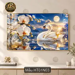 Tranh tráng gương Hạc tiên 001 núi non bình minh nghệ thuật decor phòng khách sang trọng
