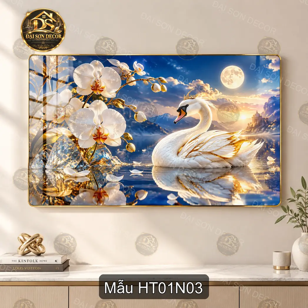 Tranh tráng gương Hạc tiên 001 núi non bình minh nghệ thuật decor phòng khách sang trọng