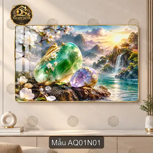 Tranh tráng gương Đá quý 001 phong cảnh sơn thủy hiện đại sáng đẹp treo tường phòng khách