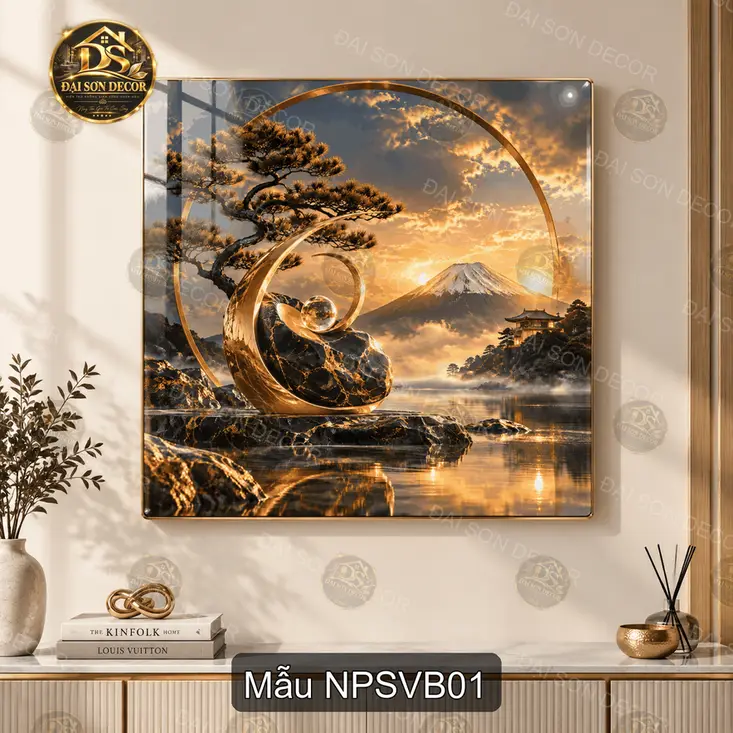 Tranh tráng gương núi Phú Sĩ và bonsai vuông treo tường decor phòng khách mẫu NPSVB01