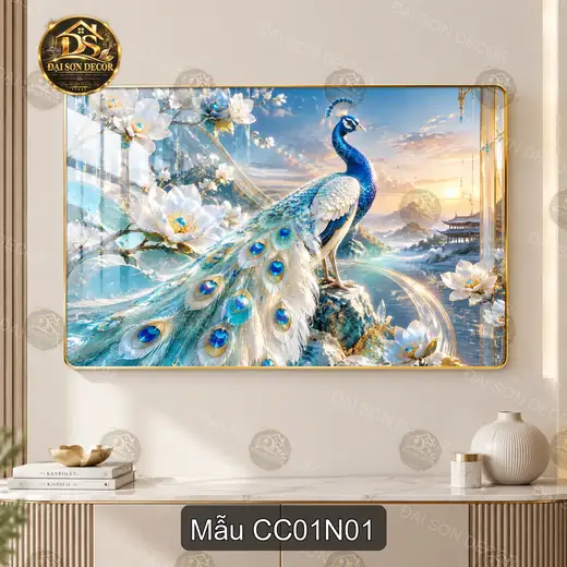 Tranh tráng gương chim công 001 hiện đại sáng đẹp treo tường phòng khách