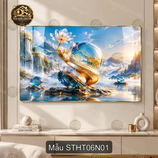 Tranh tráng gương sơn thủy hữu tình sen vàng hồ nước decor phòng khách hiện đại
