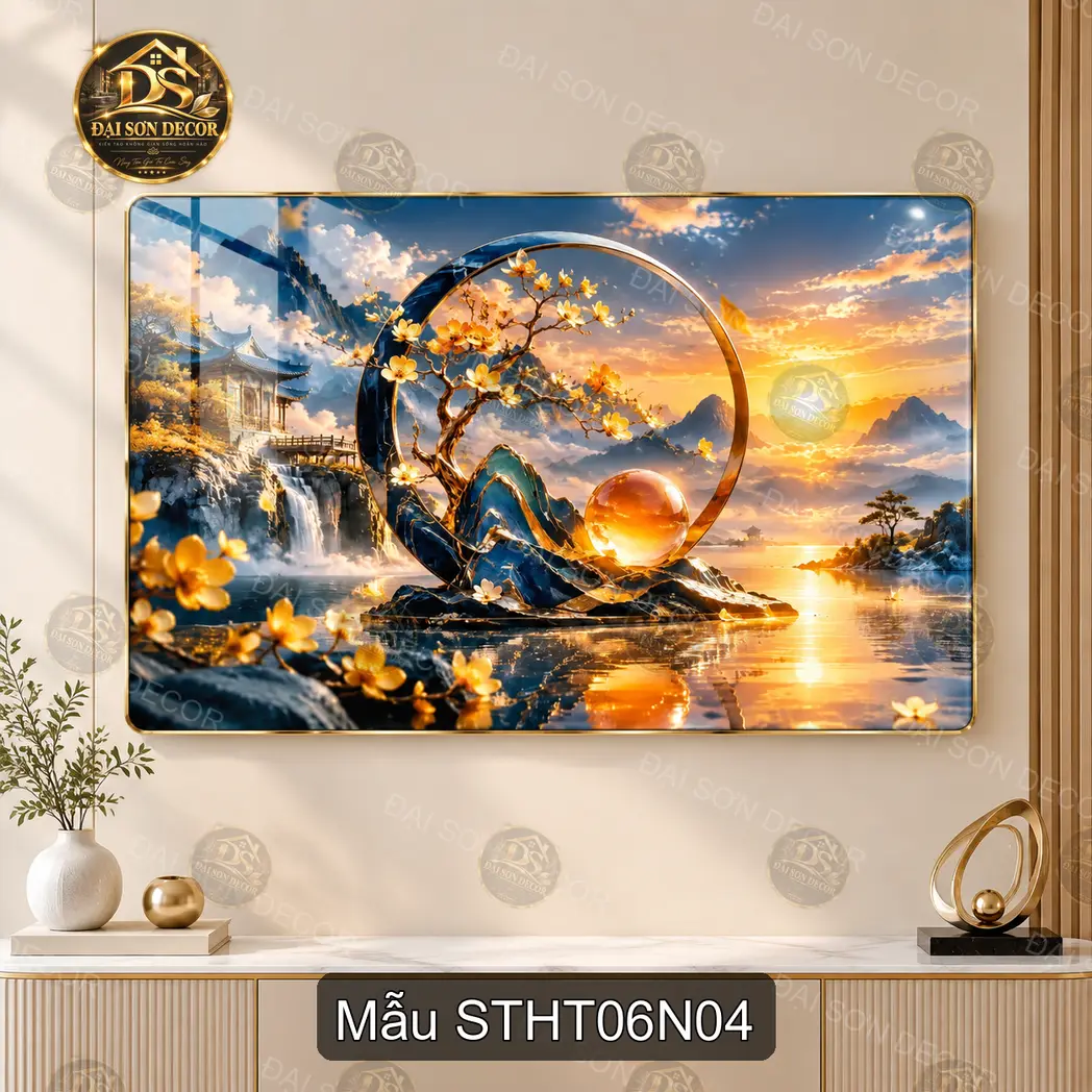 Tranh tráng gương sơn thủy hữu tình sen vàng hồ nước decor phòng khách hiện đại