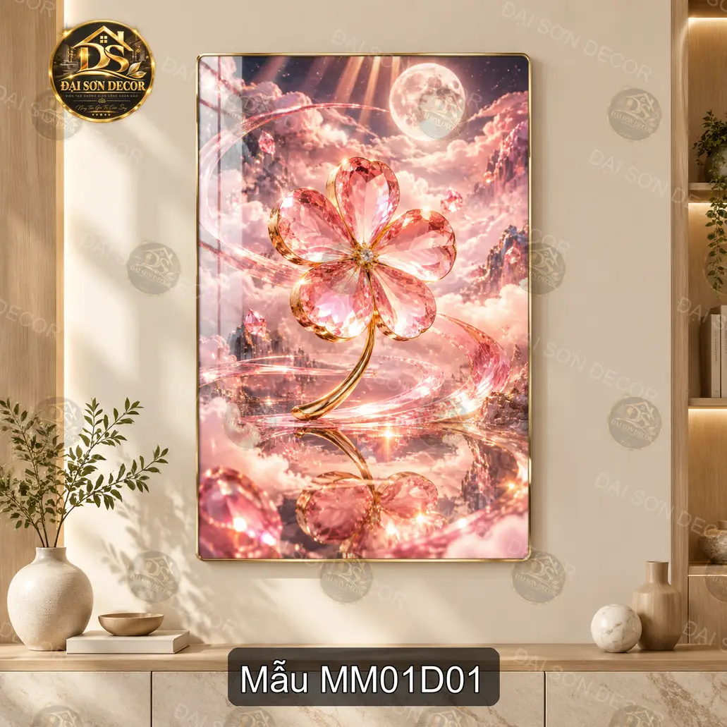 Tranh tráng gương hoa may mắn MM01D01 trang trí phòng khách phong cách hiện đại sang trọng