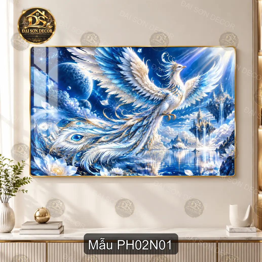 Tranh tráng gương Phượng hoàng 002 sang trọng decor phòng khách hiện đại