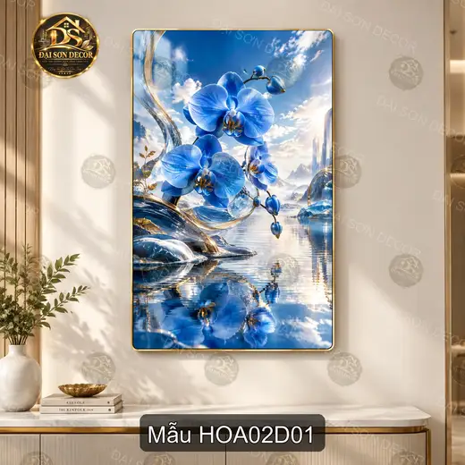 Tranh tráng gương hoa lan xanh 002 phong cảnh nghệ thuật decor phòng khách phòng làm việc