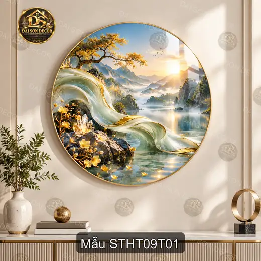 Tranh tròn tráng gương sơn thủy hữu tình thác nước núi hồ decor phòng khách