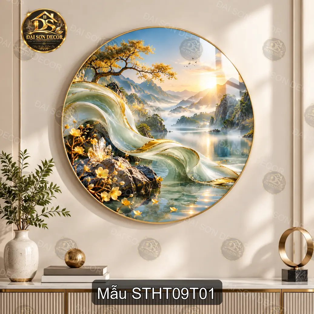 Tranh tròn tráng gương sơn thủy hữu tình thác nước núi hồ decor phòng khách