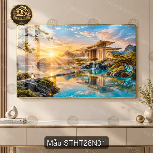 Tranh tráng gương sơn thủy hữu tình 028 phong cảnh hồ nước nhà ven núi decor phòng khách