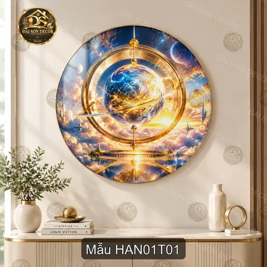 Tranh tráng gương tròn Hành tinh 001 decor phòng khách phong cách vũ trụ sang trọng