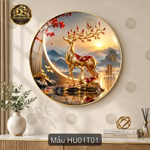 Tranh tròn tráng gương Hươu 001 đôi hươu cảnh sơn thủy trang trí phòng khách sang trọng