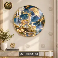 Tranh tròn tráng gương Hươu 001 đôi hươu cảnh sơn thủy trang trí phòng khách sang trọng