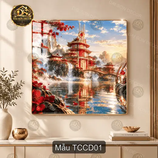 Tranh tráng gương Tiên cảnh cung đình phong cảnh sơn thủy trang trí phòng khách