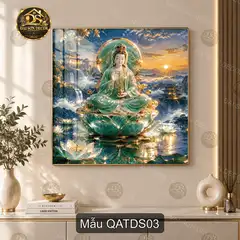 Tranh tráng gương Quan Âm trên đài sen phong cảnh sơn thủy trang trí phòng khách