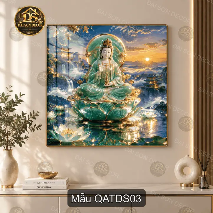 Tranh tráng gương Quan Âm trên đài sen phong cảnh sơn thủy trang trí phòng khách