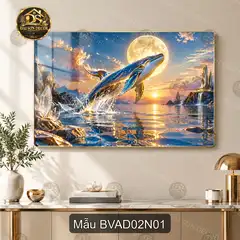 Tranh tráng gương cá voi giữa biển và đại dương 002 nghệ thuật decor phòng khách