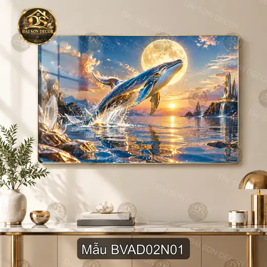 Tranh tráng gương cá voi giữa biển và đại dương 002 nghệ thuật decor phòng khách