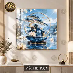 Tranh tráng gương Non bộ hoa sen xanh trang trí phòng khách hiện đại