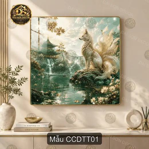 Tranh tráng gương treo tường cáo chín đuôi thần thoại decor phòng khách quà tặng