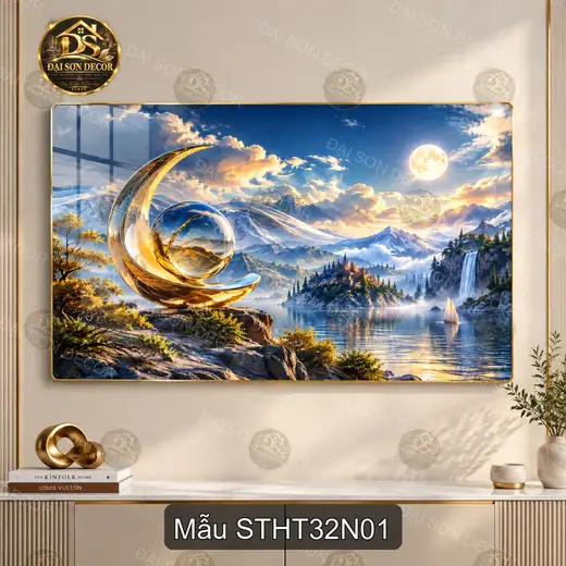 Tranh tráng gương Sơn thủy hữu tình 032 núi hồ trăng sáng điểm nhấn phòng khách STHT32N01