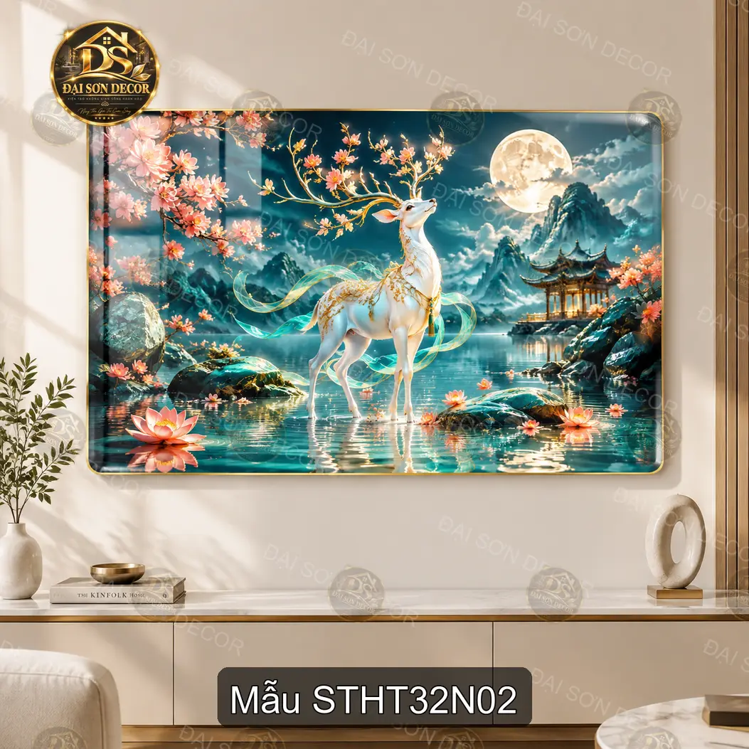 Tranh tráng gương Sơn thủy hữu tình 032 núi hồ trăng sáng điểm nhấn phòng khách STHT32N01