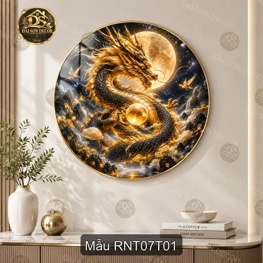 Tranh tráng gương tròn Rồng nghệ thuật 007 decor phòng khách phòng làm việc sang trọng