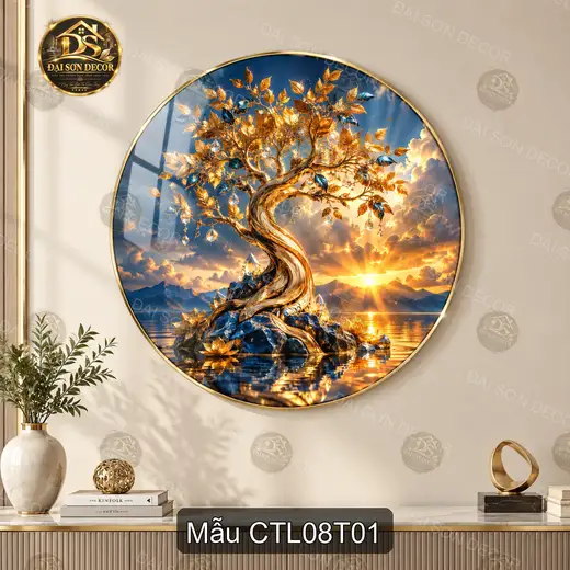 Tranh tráng gương tròn Cây tài lộc 008 nghệ thuật treo tường phòng khách sang trọng