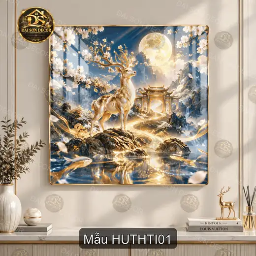 Tranh tráng gương Hươu thần tiên vuông decor phòng khách phong cảnh ánh trăng hoa nở quà tặng