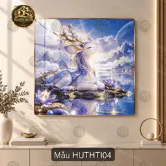 Tranh tráng gương Hươu thần tiên vuông decor phòng khách phong cảnh ánh trăng hoa nở quà tặng