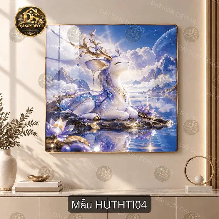 Tranh tráng gương Hươu thần tiên vuông decor phòng khách phong cảnh ánh trăng hoa nở quà tặng