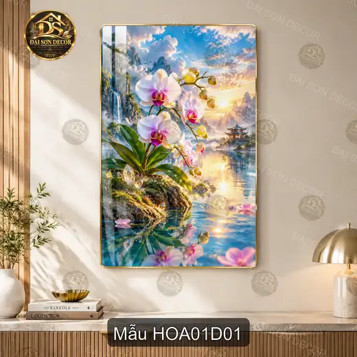 Tranh tráng gương Hoa lan 001 phong cảnh sơn thủy sang trọng dễ phối nội thất phòng khách