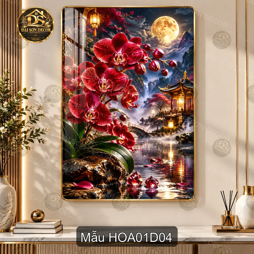Tranh tráng gương Hoa lan 001 phong cảnh sơn thủy sang trọng dễ phối nội thất phòng khách