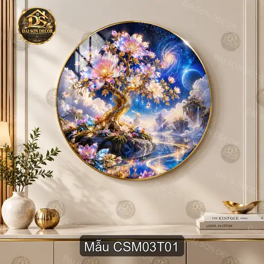 Tranh tròn tráng gương Cây sinh mệnh 003 hoa đào phong cảnh nghệ thuật decor phòng khách