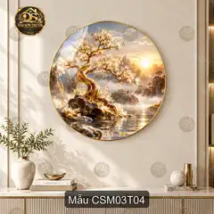 Tranh tròn tráng gương Cây sinh mệnh 003 hoa đào phong cảnh nghệ thuật decor phòng khách