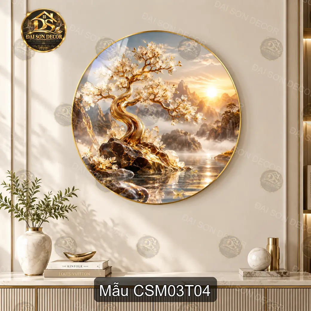 Tranh tròn tráng gương Cây sinh mệnh 003 hoa đào phong cảnh nghệ thuật decor phòng khách