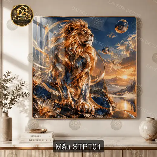 Tranh tráng gương sư tử phong thủy vuông trang trí phòng khách sang trọng STPT01