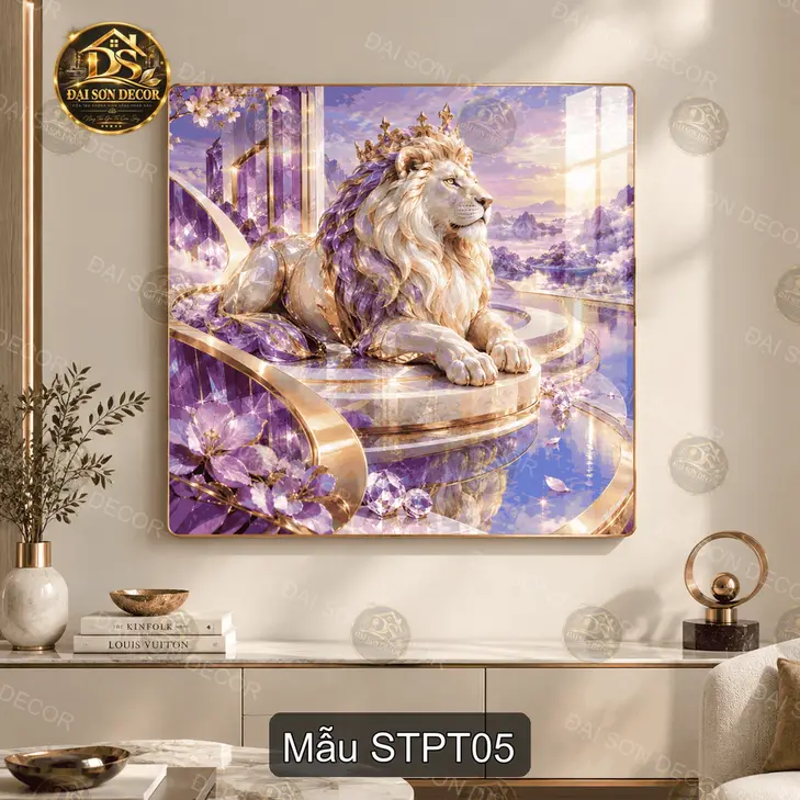 Tranh tráng gương sư tử phong thủy vuông trang trí phòng khách sang trọng STPT01