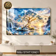 Tranh tráng gương Sơn thủy hữu tình 010 cây tài lộc bên hồ decor phòng khách nghệ thuật