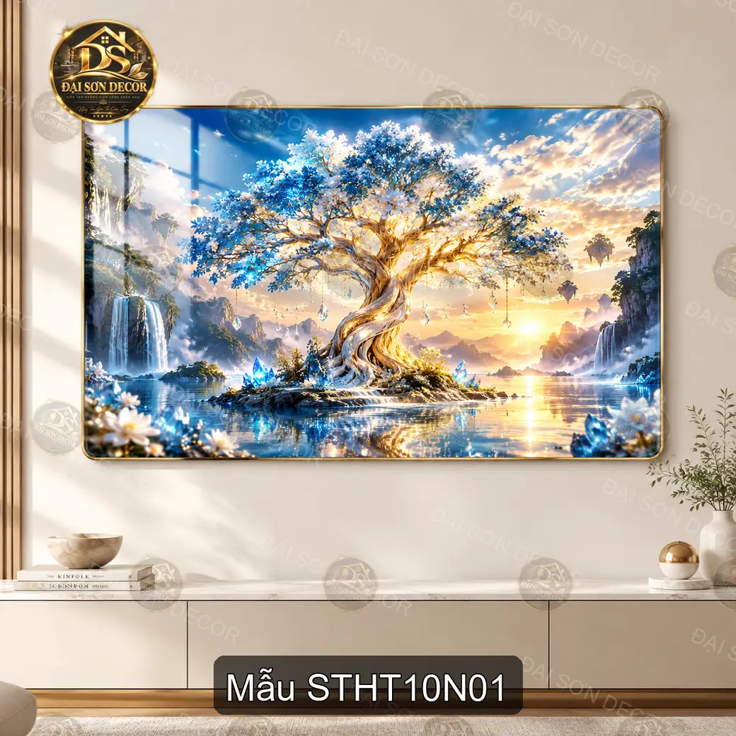 Tranh tráng gương Sơn thủy hữu tình 010 cây tài lộc bên hồ decor phòng khách nghệ thuật