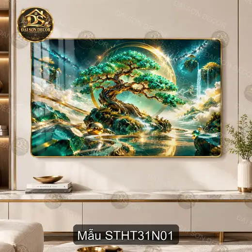 Tranh tráng gương sơn thủy hữu tình 031 cây cổ thụ bên hồ decor phòng khách