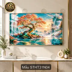 Tranh tráng gương sơn thủy hữu tình 031 cây cổ thụ bên hồ decor phòng khách