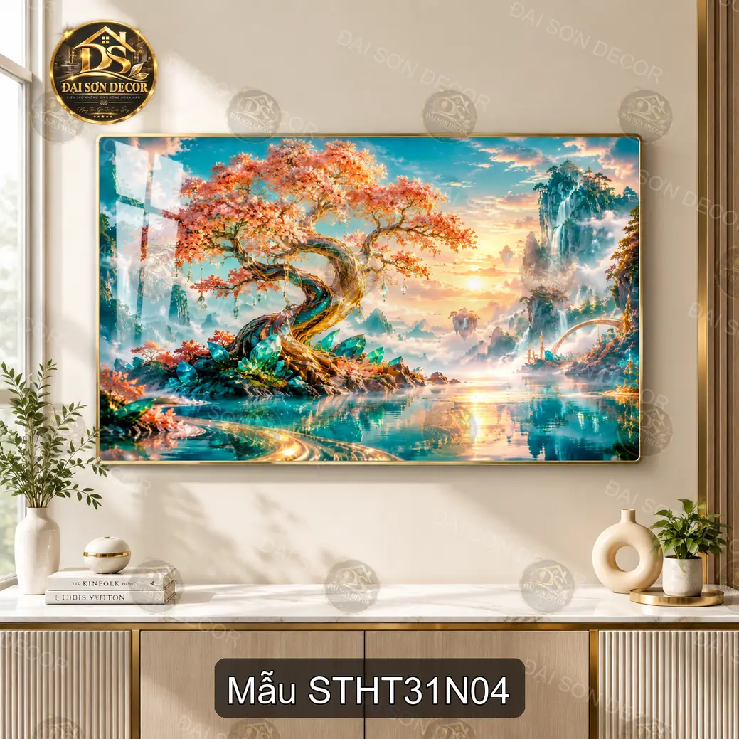 Tranh tráng gương sơn thủy hữu tình 031 cây cổ thụ bên hồ decor phòng khách