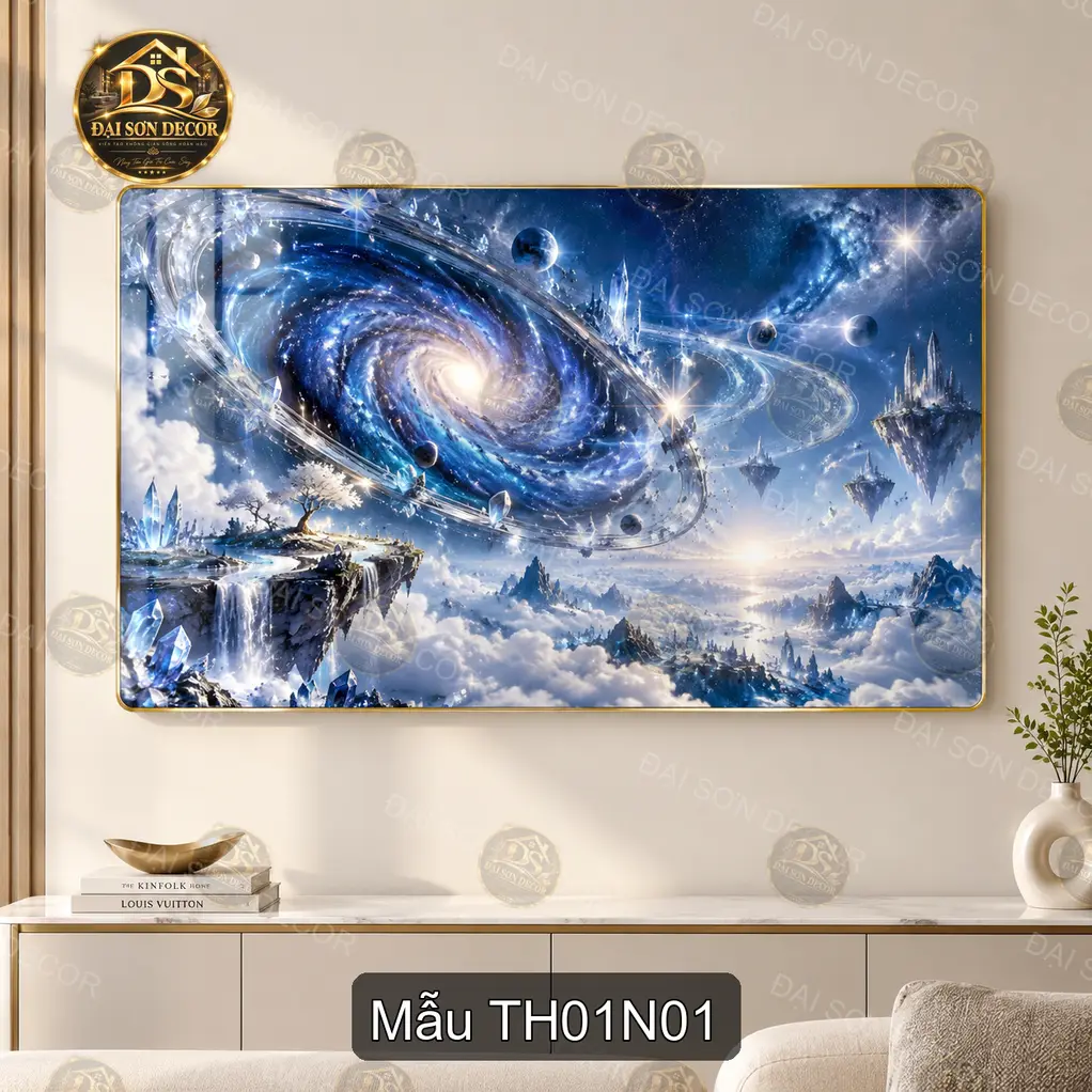 Tranh tráng gương Thiên hà 001 phong cảnh vũ trụ xanh decor phòng khách hiện đại TH01N01